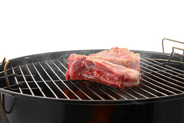 Barbecue grill with tasty meat on white background