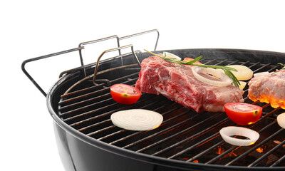 Barbecue grill with raw meat and vegetables on white background