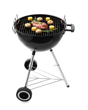 Barbecue Grill With Raw Meat, Corn And Mushrooms On White Background