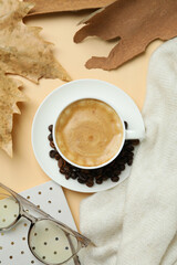 Cozy autumn concept background with coffee drink