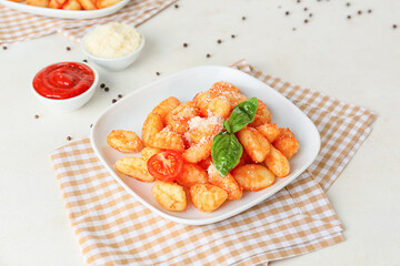 Plate with tasty gnocchi on table