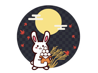 満月と秋のもみじ　お月見うさぎ