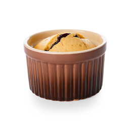 Ramekin with blueberry cobbler on white background