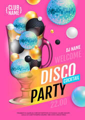 Cocktail disco party poster with 3d abstract spheres and blue disco ball. Vector illustration