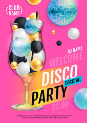 Cocktail disco party poster with 3d abstract spheres and blue disco ball. Vector illustration