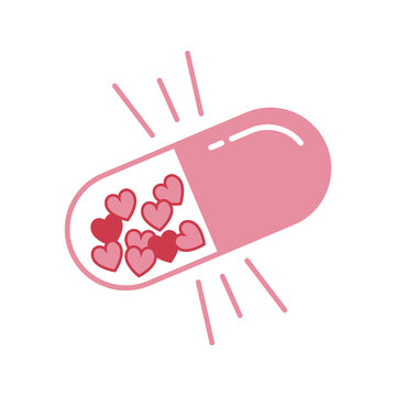 Pink pill of love. Vector illustration, transparent tablet with hearts inside. Print design, logo, sticker in modern and flat style. Love medicine concept