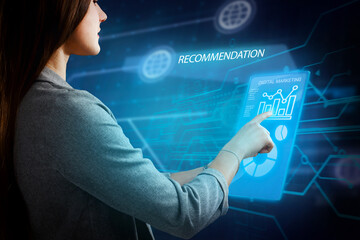 Business, Technology, Internet and network concept. Young businessman working on a virtual screen of the future and sees the inscription: Recommendation