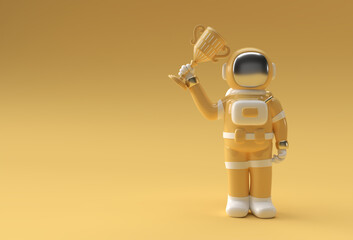 Naklejka premium Successful Astronaut Got the First Prize Trophy 3D Rendering.