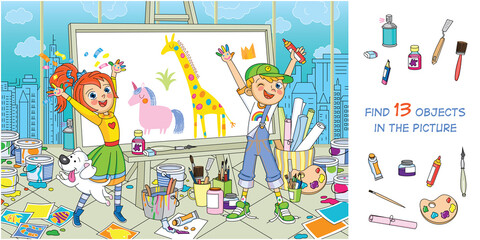 Fun and exciting children's creativity. Children draw on an easel, on their hands, on paper. Find 13 hidden objects in the picture. Funny cartoon character. Hidden objects puzzle. Vector illustration  - obrazy, fototapety, plakaty