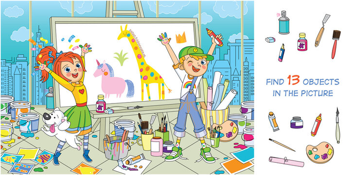 Fun and exciting children's creativity. Children draw on an easel, on their hands, on paper. Find 13 hidden objects in the picture. Funny cartoon character. Hidden objects puzzle. Vector illustration 