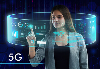 Business, Technology, Internet and network concept. Young businessman working on a virtual screen of the future and sees the inscription: 5G