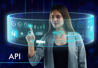Business, Technology, Internet and network concept. Young businessman working on a virtual screen of the future and sees the inscription: API