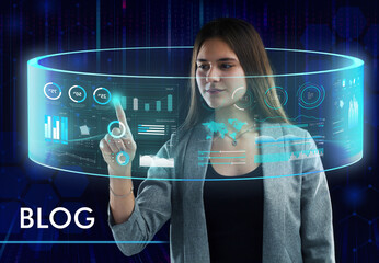 Business, Technology, Internet and network concept. Young businessman working on a virtual screen of the future and sees the inscription: Blog