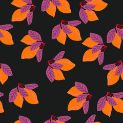 Naklejka na ściany i meble Vector lemons on a black background, a seamless pattern with lemons and leaves. Pattern for fabric, linen, wallpaper.