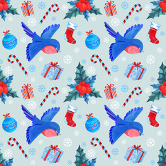 New Year's seamless pattern with bullfinches, holly and other Christmas symbols for gift packaging, wallpaper, textiles. Watercolor