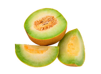 Half a melon and two slices on a white background