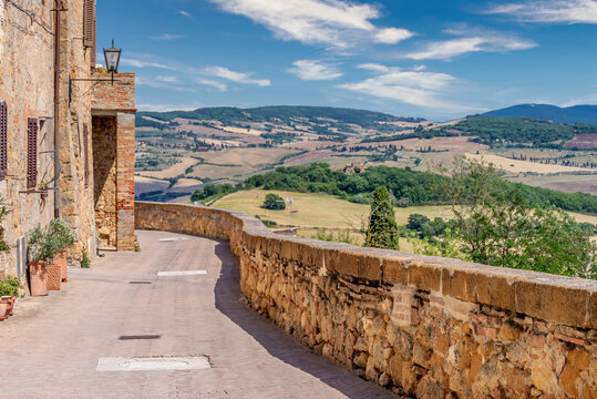 Fototapeta Beautiful panoramic view of the countryside surrounding Pienza, Siena, Italy, from the scenic walk of the historic center