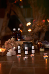 Naturally developed massage therapy and body care products in a rustic wooden environment; essential oils, body butter, candles and aromatic ingredients