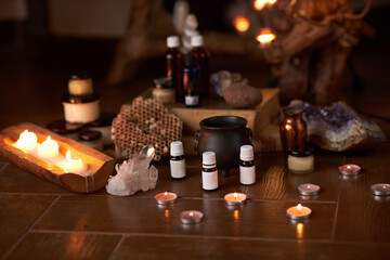 Naturally developed massage therapy and body care products in a rustic wooden environment; essential oils, body butter, candles and aromatic ingredients