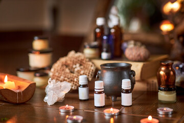 Naturally developed massage therapy and body care products in a rustic wooden environment; essential oils, body butter, candles and aromatic ingredients