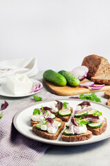 Canapes with toasted bread with sunflower and flax seeds, feta cheese, cucumber and onion