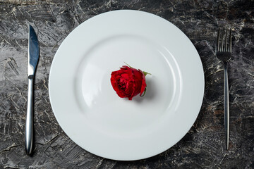 red rose bud on a white plate on a dark background with cutlery fork and knife
