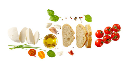 Mozzarella buffalo, cherry tomatoes, basil,  ciabatta bread, olive oil, garlic, bell red pepper, green onion for bruschetta.