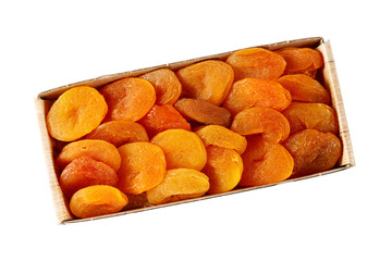 Fototapeta premium Packaging of dried organic apricots isolated on white background.
