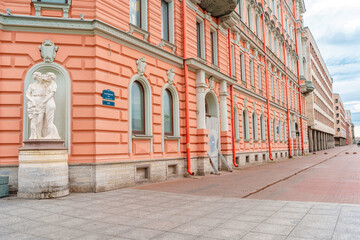 View of the facades of historical buildings on the street in the city center in summer. Saint Petersburg, Russia - 13 June 2021