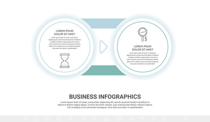 Vector minimal line infographics with circles and arrows. Business timeline 2 steps by step, options, labels. Flat template with two ways for chart, diagram, flowchart, app