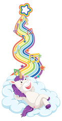 Unicorn laying on the cloud with rainbow on white background