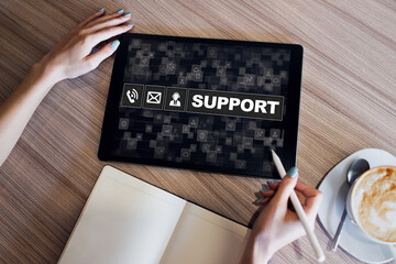 Technical support icons on screen. Call to help center. Internet and technology concept.