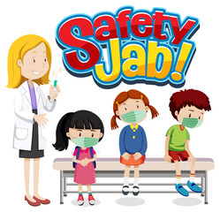 Safety Jab font with children wears medical mask cartoon character