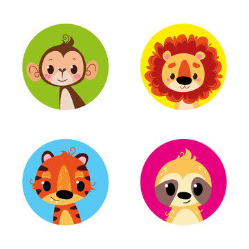 Animal avatar in round multicolored windows. Lion, monkey, tiger and sloth in cartoon funny style. Vector children s illustration, for prints on clothes, logo, printing design