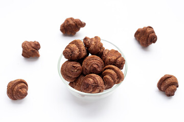 Mini chocolate croissant on white background.