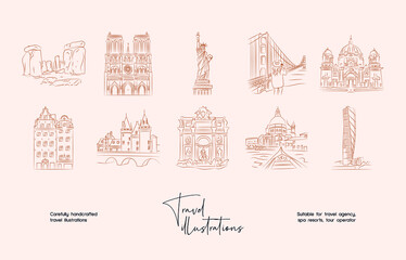 Hand drawn line art minimal travel vector illustration collection. Illustration of elegant signs and badges for travel agency, photoraphers, travel bloggers.