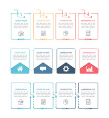 Three infographic templates with four steps, process chart, workflow