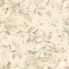 Watercolor seamless pattern of light flowers. Plain background. Beautiful print for decoration of textiles and design. Art drawing. Paints, paper, pencil, graphic, pastel. 