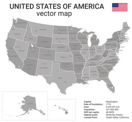 Fototapeta na wymiar USA map with state borders and capitals. Correct shapes and state boundaries.