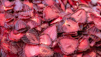 Dried strawberry slices. Fruit chips.Collection and preparation of berries.