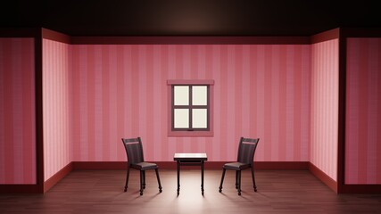 部屋　ピンク色ストライプの壁紙　椅子　テーブル　窓　3DCG