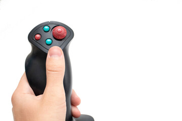 Gaming joystick for flight simulator in hand isolated on white background