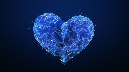 3D heart is assembled from dots and lines on a dark blue background.