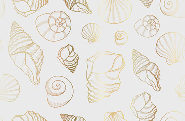 Seamless golden line sea shells background, Luxury gold underwater ocean rapana mollusc vector abstract art on white
