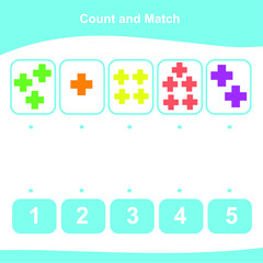 Count and Match Game for Kids. Geometric shapes Game. Math Worksheet for Preschool. Educational printable math worksheet. Vector illustration. 