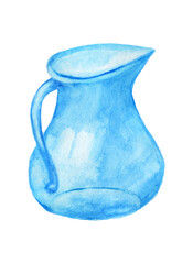 Glass vases,jugs, a set of watercolor clipart icons, a glass jar. Cute watercolor illustration in a pot. Collecting empty containers.A blue, transparent jar. Lamp, package.