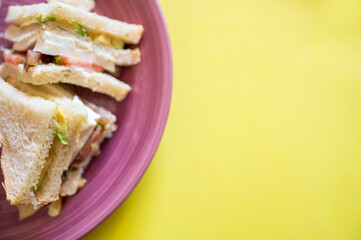 Sandwich on plate isolated on yellow background.Copy space