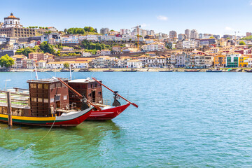 Fototapeta premium Vila Nova de Gaia seen from embankment of Douro River in Porto, Portugal