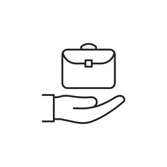 Briefcase on hand icon line style. Work or job symbol concept isolated on white background. Vector illustration