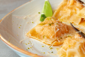 Italian dish ravioli with parmesan in a plate